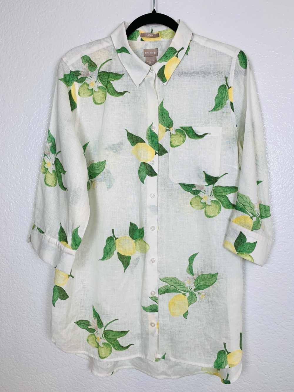 Chico's Button Up Shirt Size Large Fruit Lemon Print 100% Linen No Iron Floral